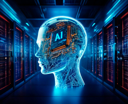 Ilustración de cerebro tecnológico junto a servidores. Dentro tiene un chip de Inteligencia Artificial, servicio ofrecido por Tichile.